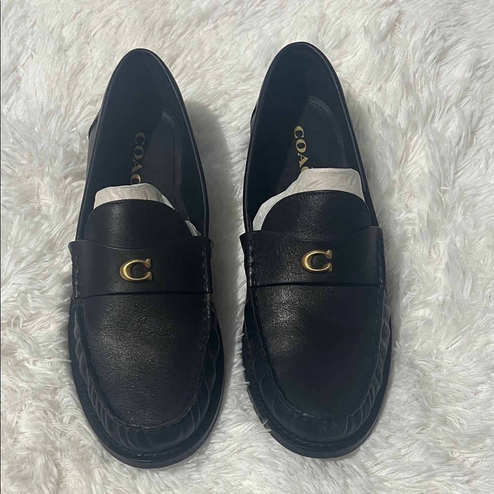 Coach Black Leather Slip-On Shoes with Gold Detail